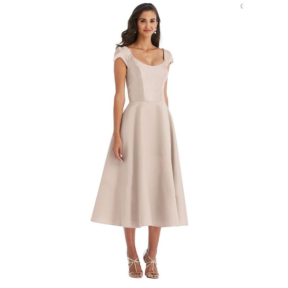 Alfred Sung Puff Cap Sleeve Full Skirt Satin Midi Dress D798 Cameo 16 R Plus